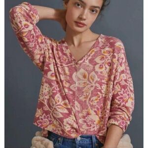 Pilcro by Anthropologie Floral Waffle Knit Thermal V-Neck Top Size S